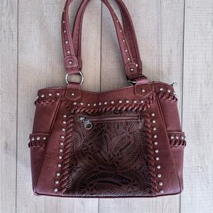 Montana West American Bling Tooled Leather Studded Western Shoulder Bag Burgundy